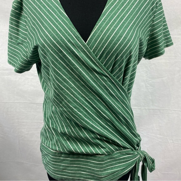 LOFT  Faux Wrapped Striped V-Neckline Short Sleeve Wrap Blouse Small Green White - Picture 6 of 7